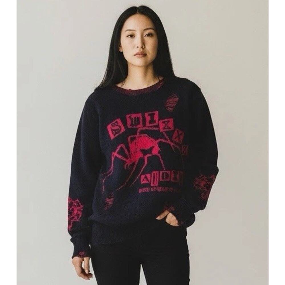 Swixxz Black & Red Distressed Spider Graphic‎ Sweater Knit Goth Alt Streetwear
